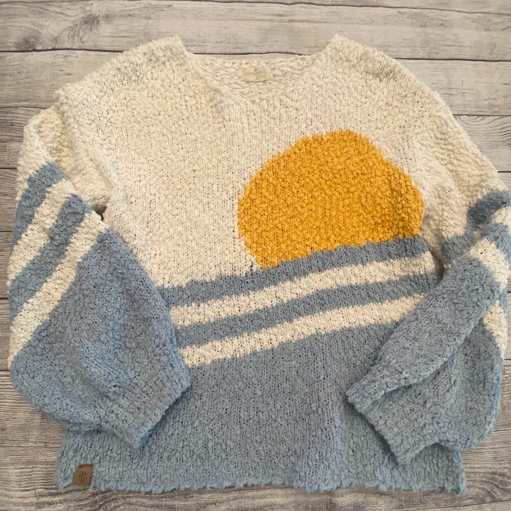 Simply Southern Knit Off the Shoulder Beach Sun Sweater Small Blue White Yellow